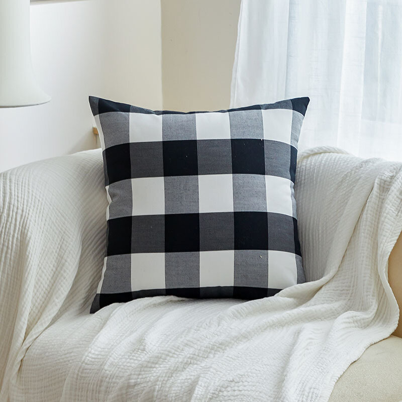 Funda de almohada de algodón de estilo a cuadros, cubierta de almohada cómoda para sofá, cama, coche, sala de estar, 45x45cm, decorativa