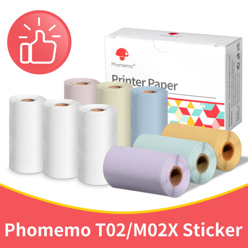 Phomemo-T02/M02X 휴대용 프린터용 자체 접착 스티커 용지, 감열식 종이 라벨, DIY 사진 텍스트 연구 노트 인쇄