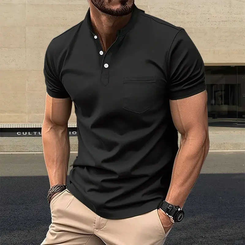 Men's casual sports fashion short sleeved pockets, solid standing collar, hot selling polos clothing
