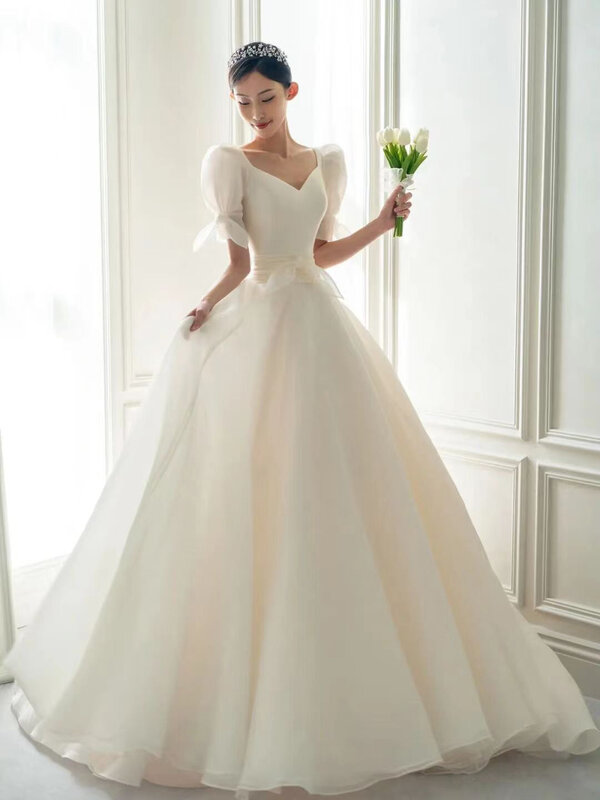 Elegante vestido feminino de cetim de manga curta, vestido de noiva branco, verão ou primavera, novo, 2023