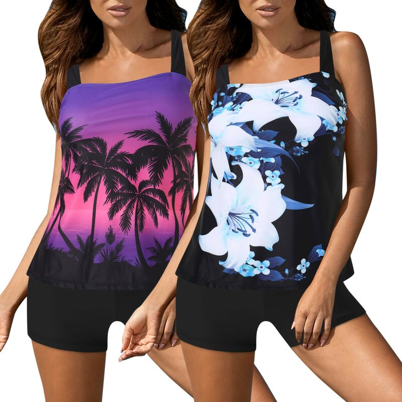 Women With Shorts Bathing Suits Print Strappy Back Set Two Piece Swimsuits Swimdress