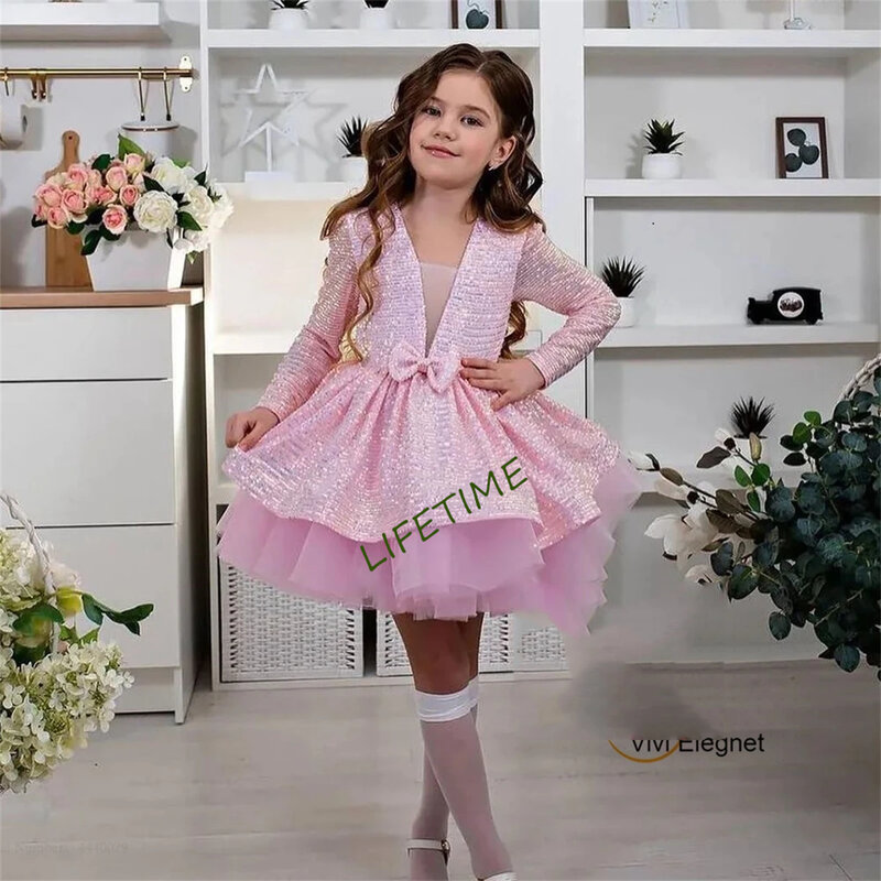 Розовые платья с V-образным вырезом и длинным рукавом для дня рождения 2023, летние платья на молнии с бантом и блестками для свадебной вечеринки