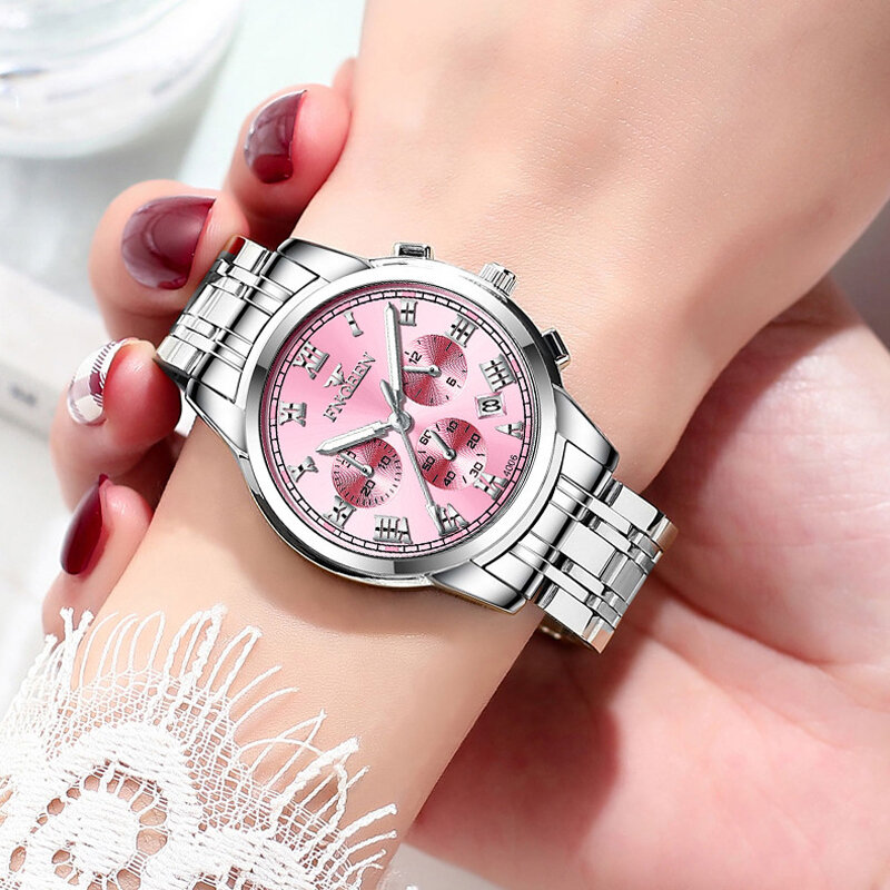 FNGEEN jam tangan pasangan Pria Wanita, arloji Quartz Stainless Steel, merek unggulan mewah kalender