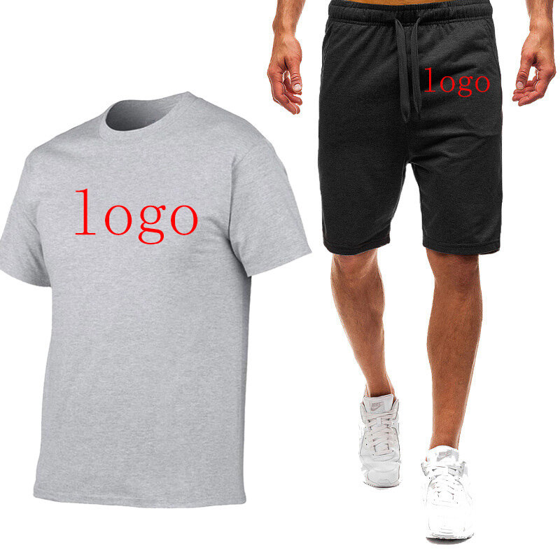 남성용 편안한 단색 면 티셔츠 스웻팬츠 2 종 세트, 맞춤형 로고 인쇄 패션, 반팔, 2023 여름 신상