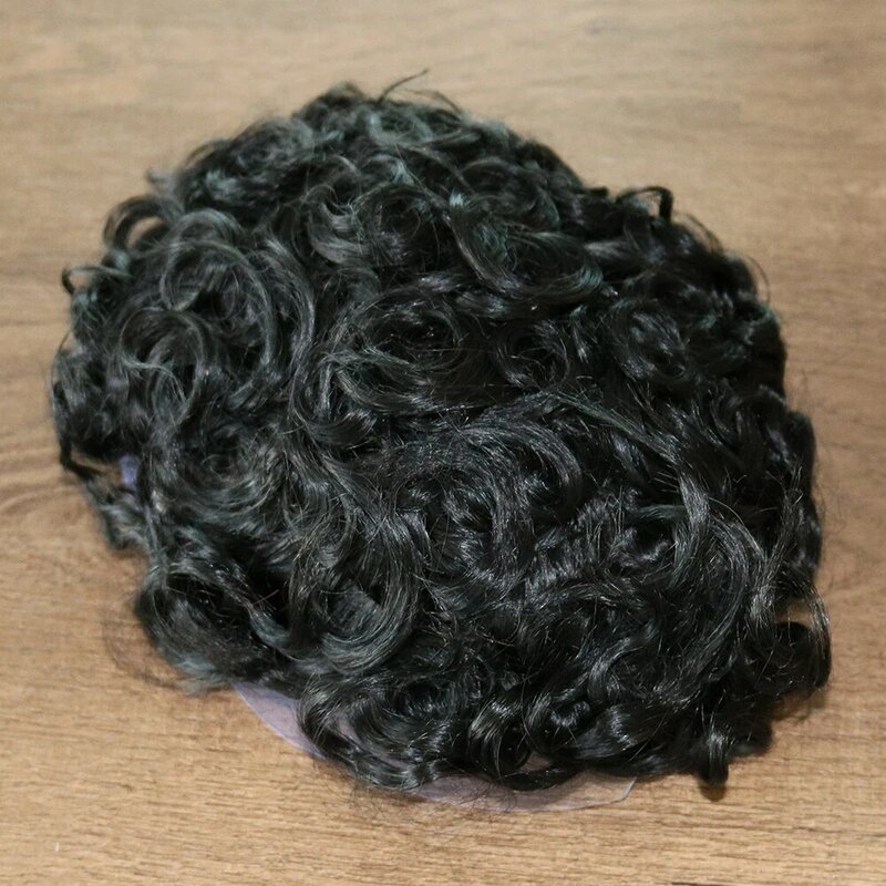 Tupé de cabello humano para hombres, peluca rizada Afro de 20MM, piel súper delgada, sistema de reemplazo negro azabache, prótesis capilar de micropiel PU