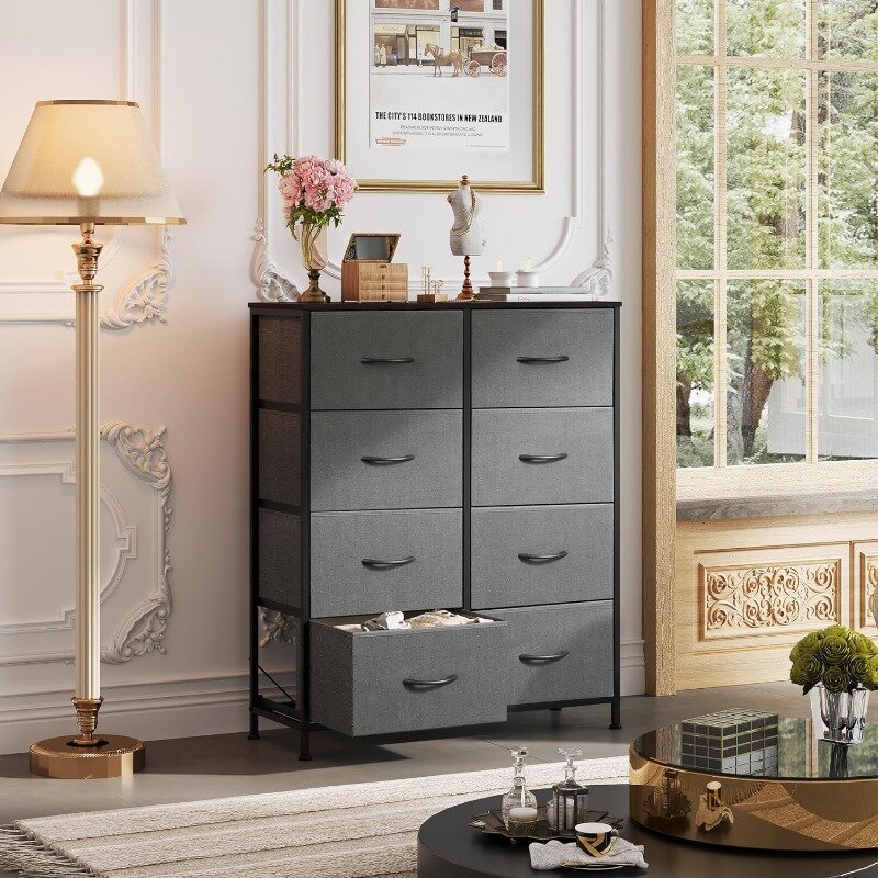 Tall Dresser with 8 Drawers, Storage Tower with Fabric Bins,  Chest of Drawers for Closet, Living Room, Hallway, Dark Gray