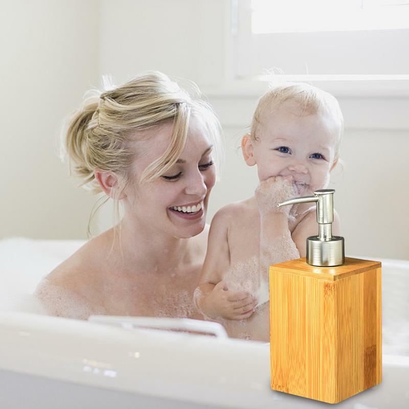 Dispenser sabun meja kamar mandi, isi ulang Dispenser sabun bambu tahan lama aksesori kamar mandi
