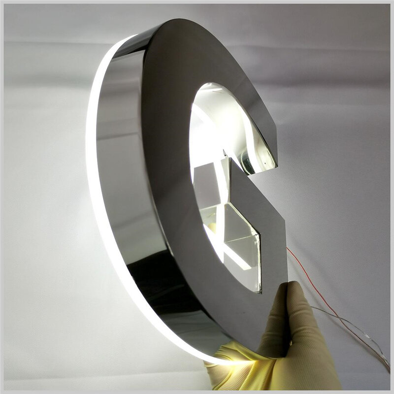 Lettera 3D in acciaio inossidabile su misura con luci posteriori, insegna con lettere a LED retroilluminate per pubblicità esterna, lettere luminose esterne