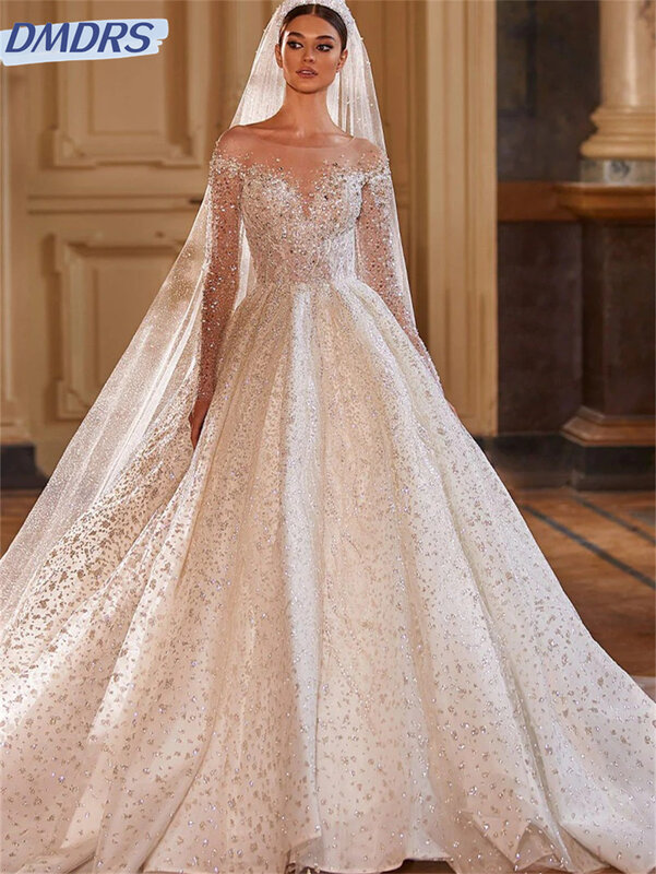 豪華なスパンコールの結婚式のドレス、エレガントな花嫁のドレス、魅力的な長袖、空中ブランコの花嫁のドレス、2024