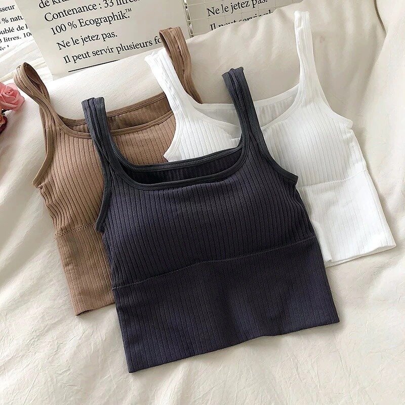 Summer Crop Top Women Seamless Square Collar Wide Straps Tank Top Knitted Striped Camisole Solid Corset Top Female