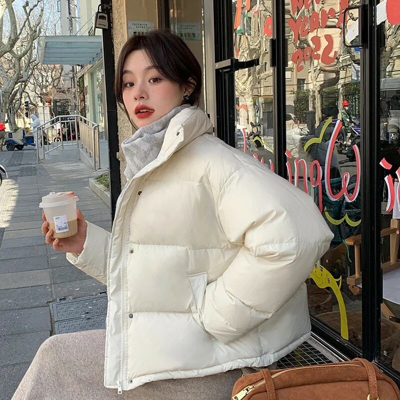 Standing Collar Short Down Jacket Loose and Thickened Jacket Long Sleeved Hairless Collar Winter Jacket White Duck Down Filling