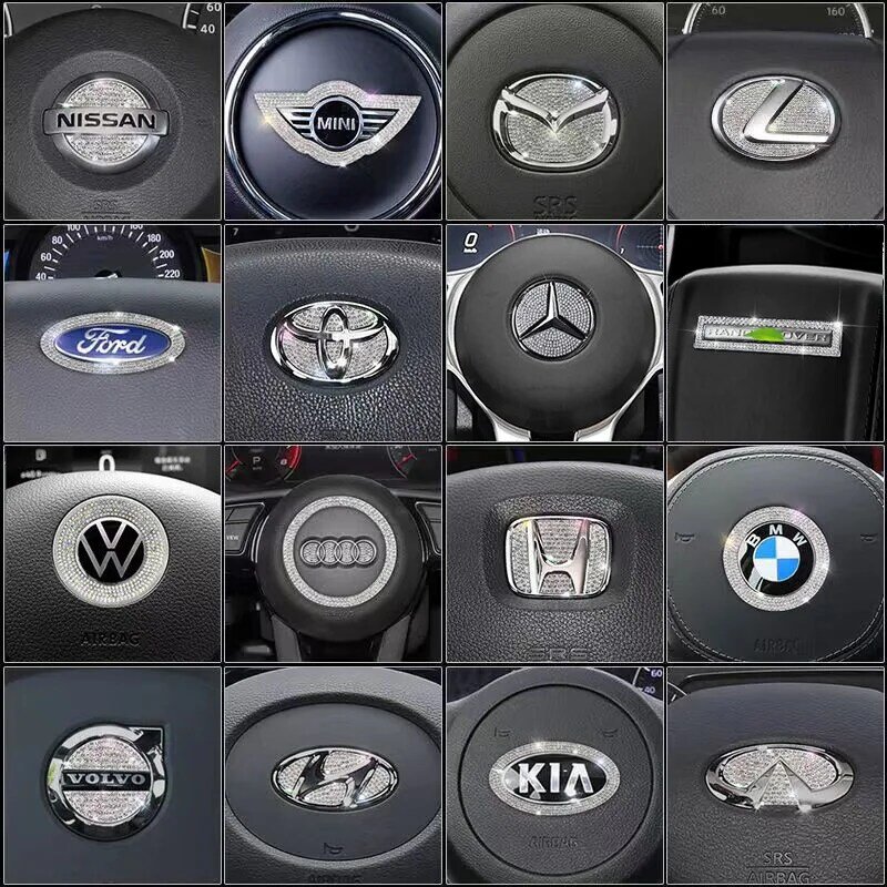 Samochód Bling kierownica naklejka z Logo naklejka akcesoria wewnętrzne diamentowe metalowe Logo pasuje do BMW Hyundai Toyota Honda Mercedes