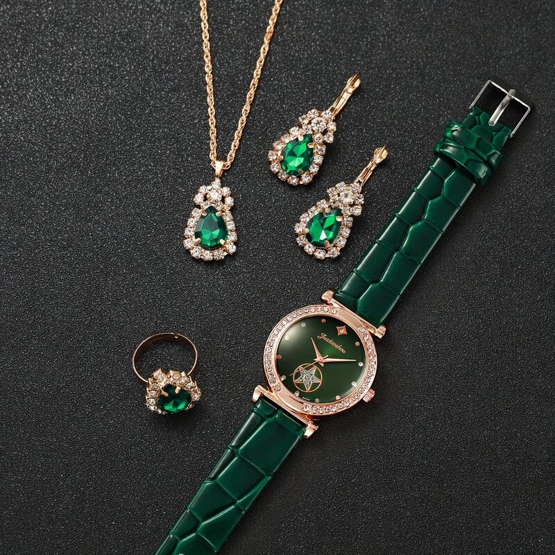 Relógio de quartzo brilhante estrela strass feminino, analógico de couro PU relógio de pulso, conjunto de jóias, presente para a mãe, ela, 5 peças