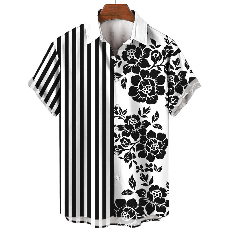 남성용 줄무늬 꽃 그래픽 패션 단추 셔츠, 반팔 라펠 스트리트웨어, 하와이안 블라우스 셔츠, 3D 프린트, 여름