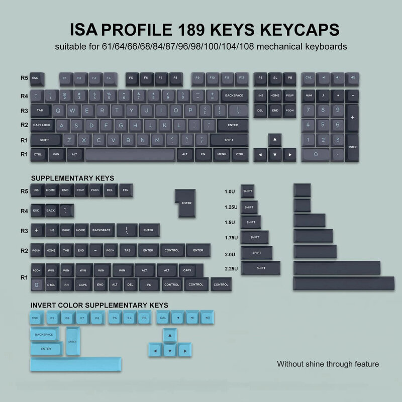 189 Key PBT Double-shot Black Grey ISA Profile Keycaps Key Cap for MX Switches Womier GK61 Anne Pro 2 Mechanical Gaming Keyboard