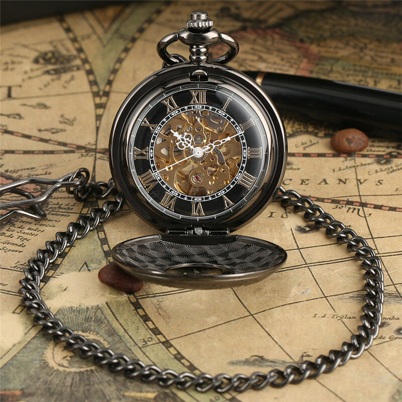 นาฬิกาพกแบบย้อนยุคแกะสลักตัวเลขโรมันนาฬิกากลไกอัตโนมัติแบบกลวงสำหรับผู้ชายผู้หญิงจี้นาฬิกาแบบสะสม