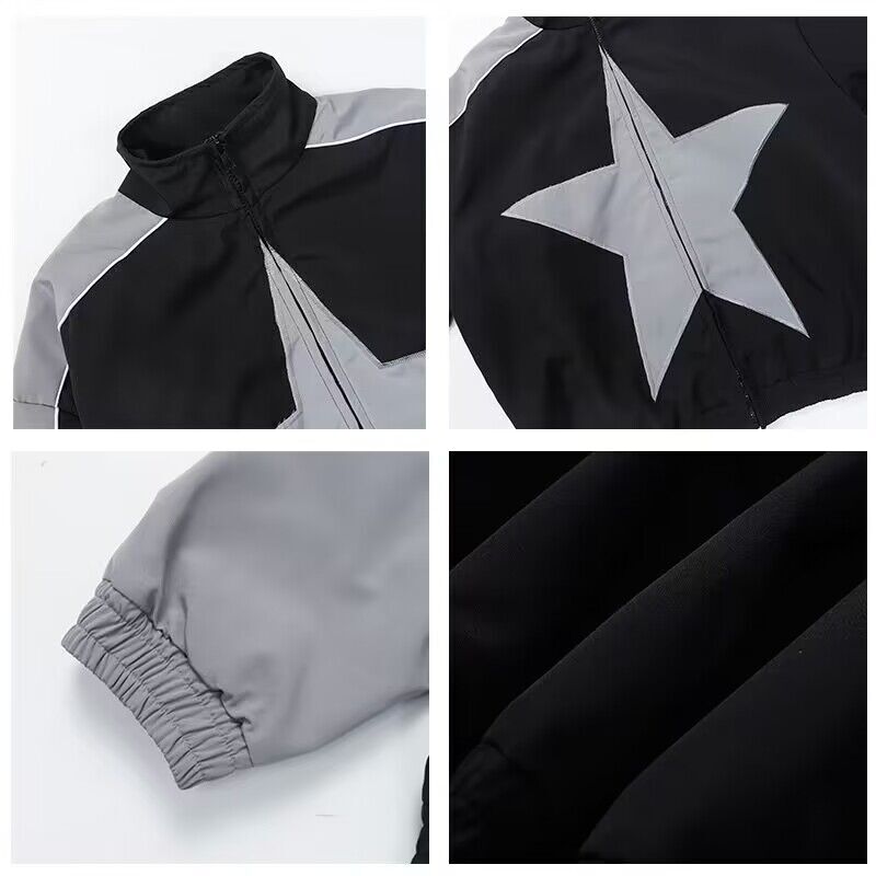 Весенняя куртка-бомбер для мужчин и женщин, винтажная ветровка в стиле Харадзюку со звездами, Y2k, уличная одежда на молнии в стиле пэчворк, верхняя одежда унисекс