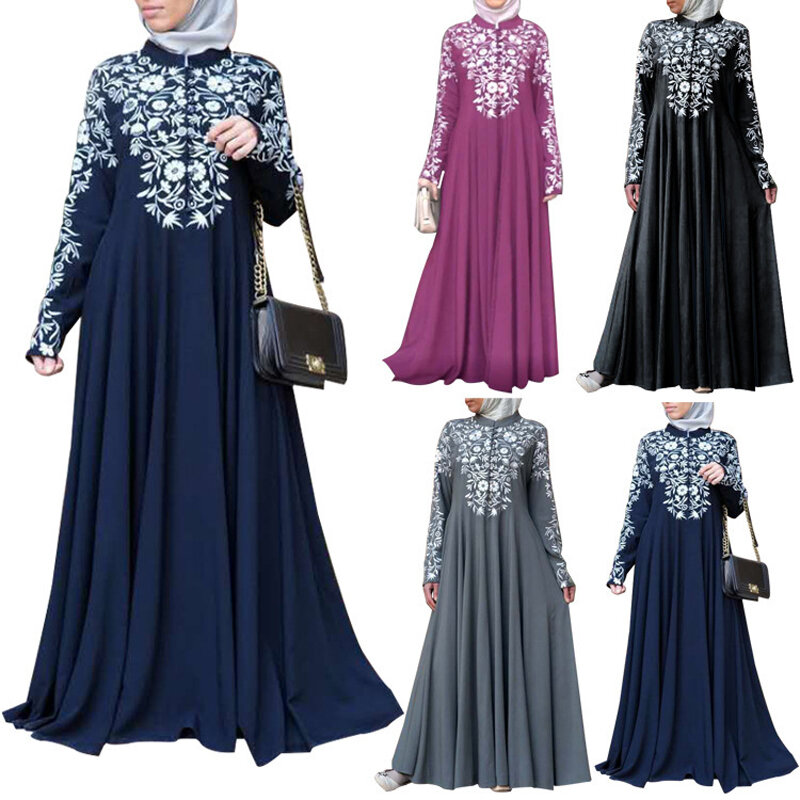 Vestido Kaftan de manga comprida para mulheres, maxi floral, muçulmano, árabe, islâmico, africano, paquistanês, malaio