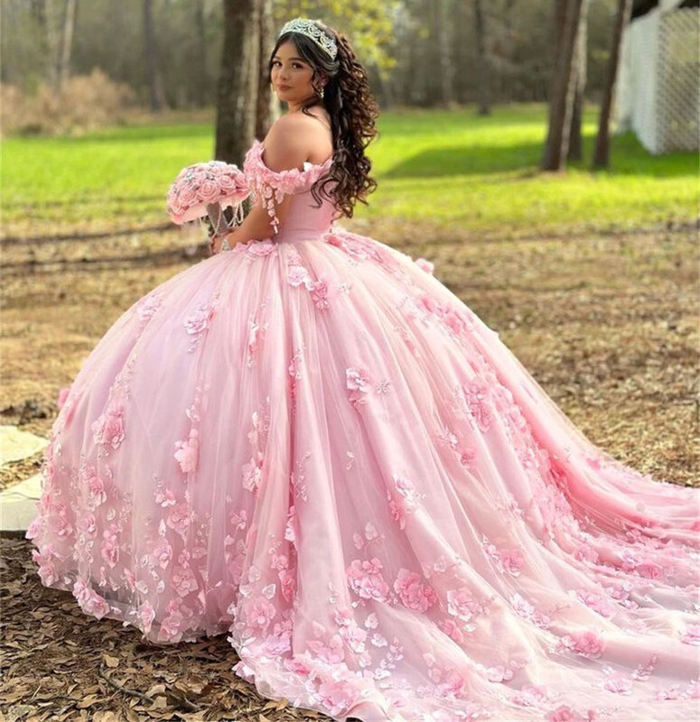 Vestidos de Quinceañera de princesa rosa, vestido de baile sin hombros, tul Floral dulce 16, 15 Años, personalizado