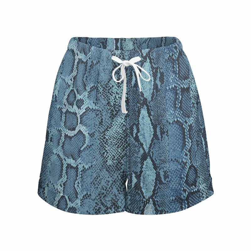 Niebieskie spodenki ze skóry węża damskie nadruk zwierzęcy Streetwear spodenki graficzne w pasie ponadgabarytowe krótkie spodnie modne spodnie