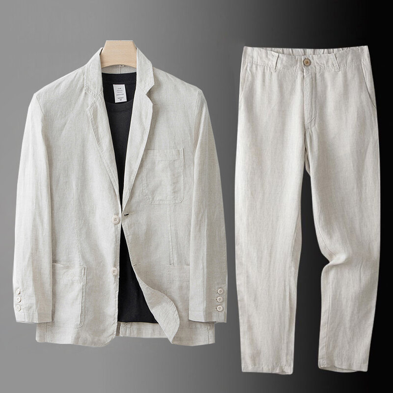 Chaqueta y pantalones de lino de alta calidad para hombre, traje de 2 piezas, estilo fino, conjunto informal de moda, manga larga, primavera y verano