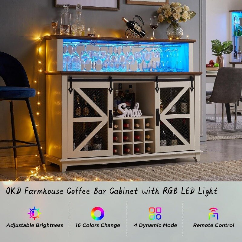OKD Farmhouse Coffee Bar Cabinet with LED Lights, 55" Sideboard Buffet Table W/Sliding Barn Door & Wine and Glass Rack
