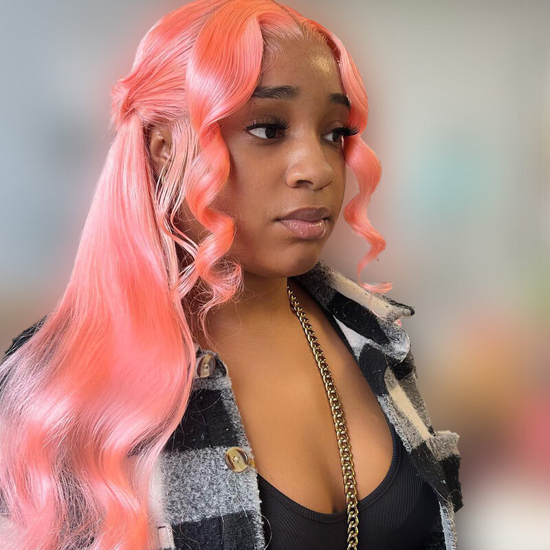 Gold Pink Human Hair 13X6 Lace Front Pre-Stretched Wig Transparent Lace Front Wig 13x4 High Gloss Body Wave Wig 250 Density