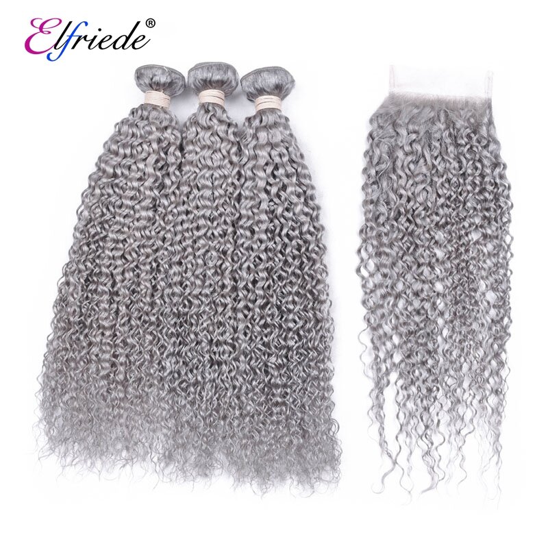 Elfriede Grey Kinky Curly Precolored Hair Bundles with Closure Brazilian Remy Human Hair Weaves 3 Bundles with Lace Closure 4x4
