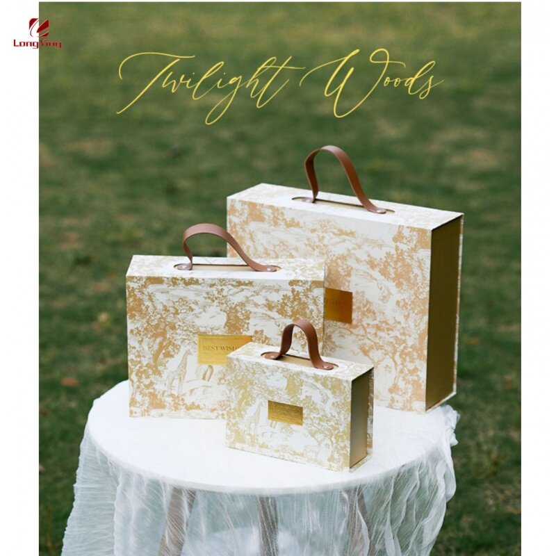 Boîte en carton magnétique personnalisée avec poignée en cuir PU, joli produit personnalisé, emballage pour vêtements, chaussures, bonbons, cadeau de mariage