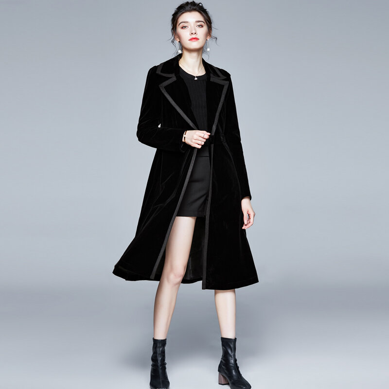 Новинка 2023, шелковая бархатная ветровка из французского бархата, длинное платье, пальто, женское замшевое облегающее пальто до колена с поясом