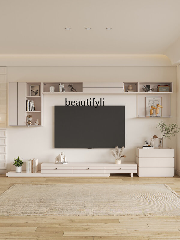 Cream Style Coffee Table TV Cabinet, simples parede de fundo integrado, moderno Curio Cabinet, retrátil para pequeno apartamento