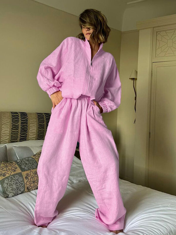 Marthaqiqi-Camisolas femininas de manga comprida, conjunto casual de pijamas femininos, pijamas sexy com o pescoço, pijamas rosa soltos, terno de 2 peças