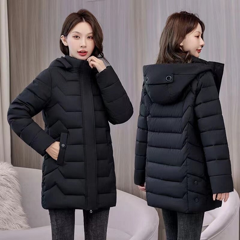 Long Slim Winter Ladies Cotton-Padded Jacket Warm 2024 New Winter Outerwear Hat Detachable Down Coat Women Parkas Large Size Top
