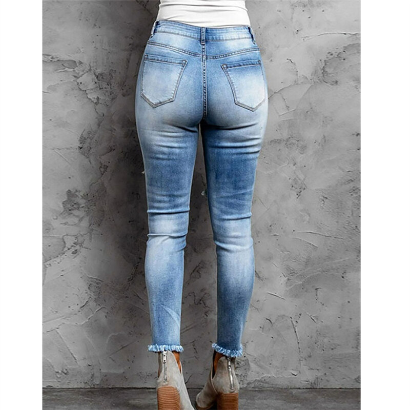 2022 outono novo retro meados de cintura rasgado jeans para as mulheres moda magro denim lápis calças moda casual estiramento jeans