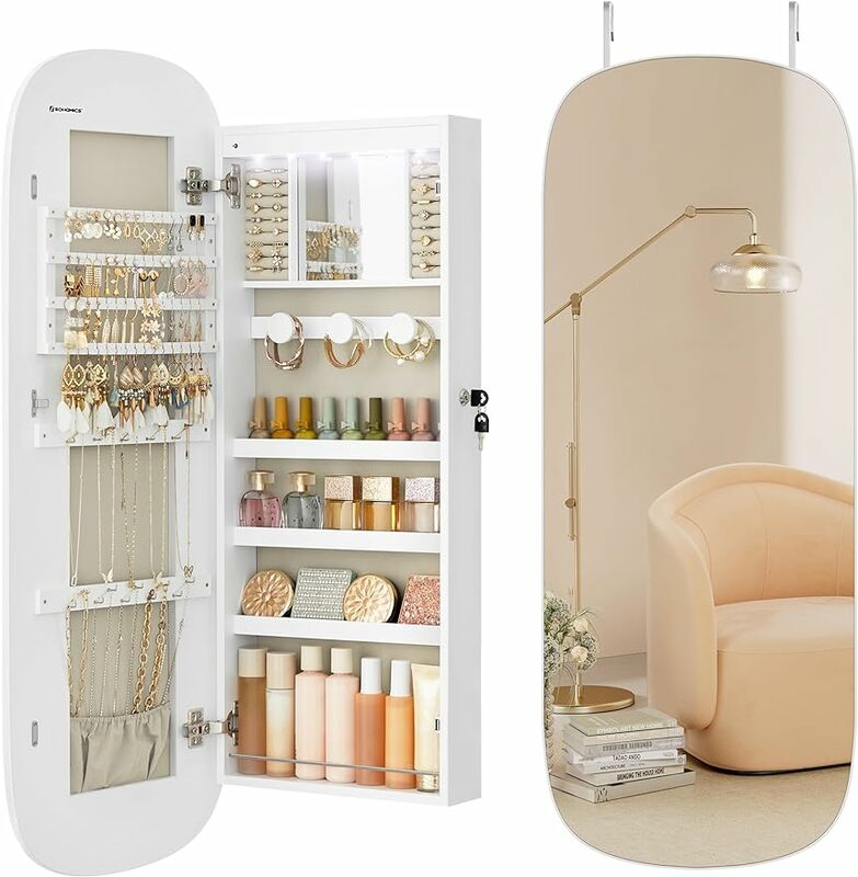 SONGMICS Jewelry Organizer, LED Jewelry Cabinet Wall or Door Mounted, Lockable Rounded Wide Mirror with Storage, Interior Mirror