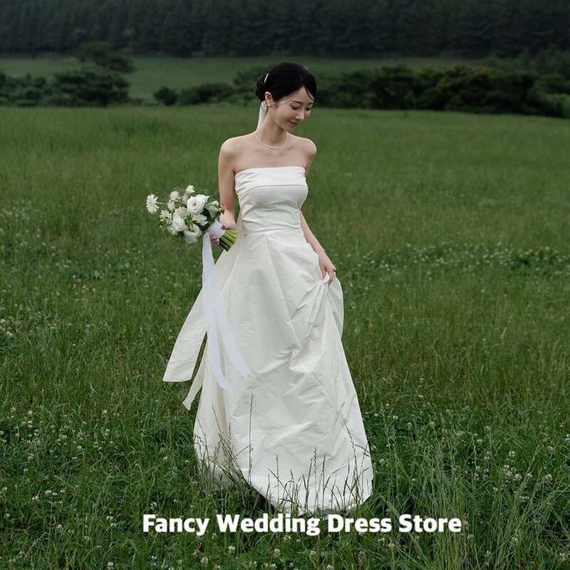 Fancy Simple abito da sposa coreano di alta qualità senza spalline senza maniche corsetto posteriore abito da sposa lunghezza del pavimento abiti da sera da sera