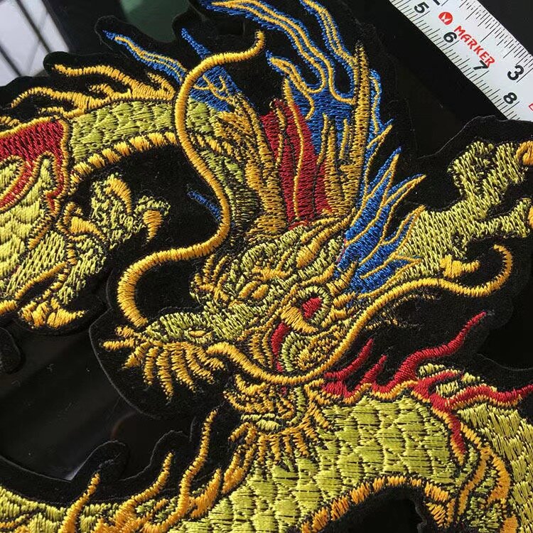 Naga bordir kembali perekat penggorengan naga Patch kelas atas gaya Cina lima cakar naga emas Hanfu Qipao aksesoris Decal