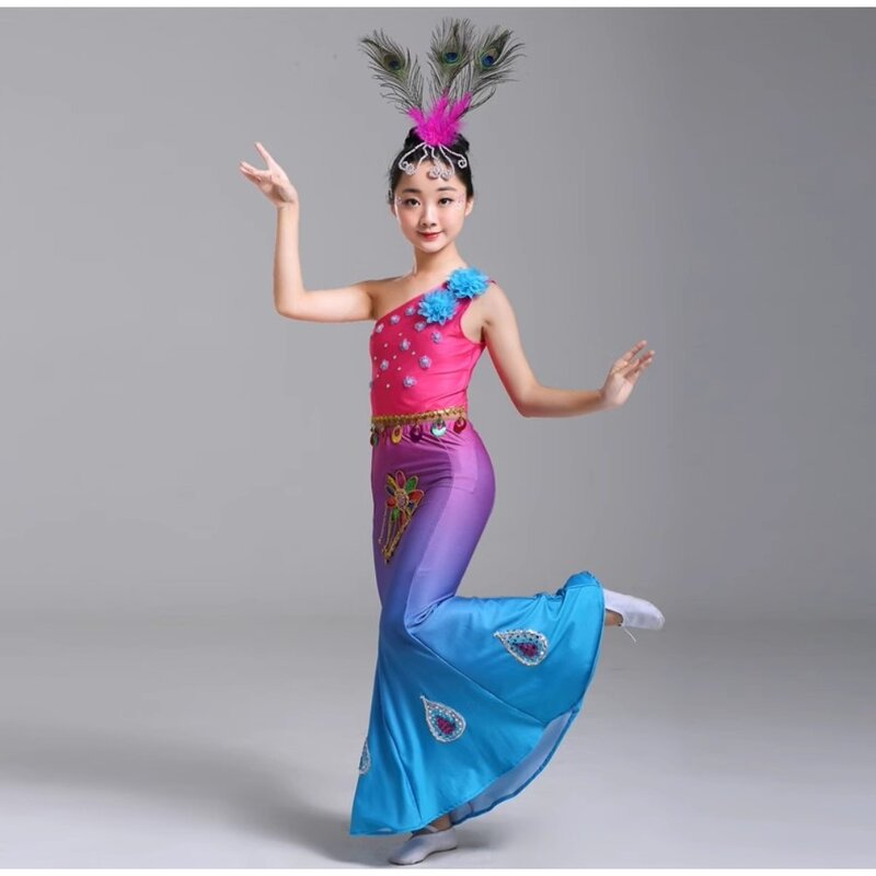 Vestido de dança infantil pavão, National Dai Practice Dress, saia de rabo de peixe para menina, novo