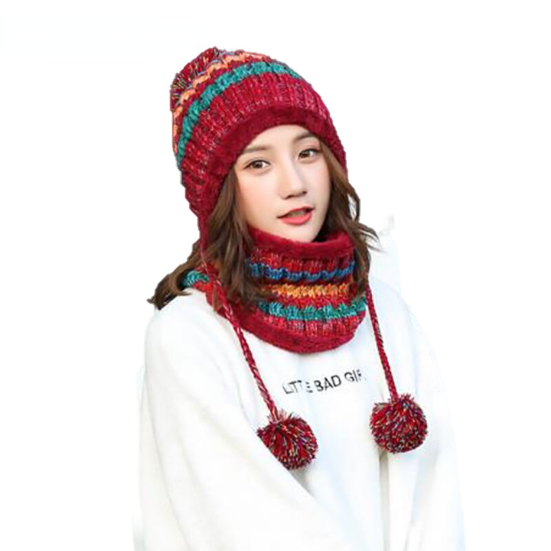 2022 Hat winter women's Mask balaclava Hat for girls Scarf Thick Warm Fleece Inside Knitted Hat Scarf Set 2pcs Winter Hats