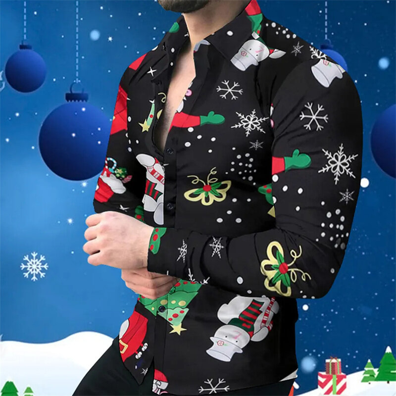 Camisa de Natal manga longa masculina, moda casual, tops de festa de ano novo, camisa estampada 3D boneco de neve, 2022