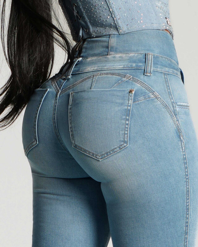 Jeans jeans elástico de cintura média feminina, calças finas, calças elásticas, elevação de bunda, ajuste fino, alta qualidade, moda, 2024