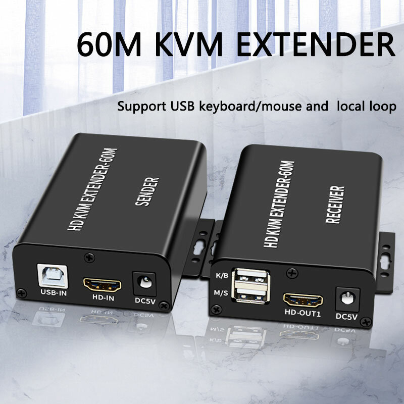 Extensor KVM de 60M sobre Rj45 Cat5e, 6 cables Ethernet, HDMI-compati1080P, convertidor de vídeo, transmisor, receptor para teclado y ratón USB