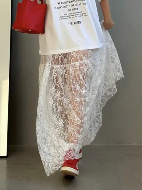 Lace Jacquard Transperant Skirt Women Summer New High Waist Sexy Casual Long Skirts 2024 Streetwear Fashion White Maxi Skirt