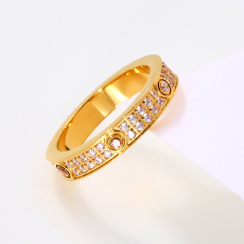 Anel de aço titânio cristal completo para mulheres, banhado a ouro 18k, impermeável, não alérgico, terno de jóias para namorada, presente de luxo
