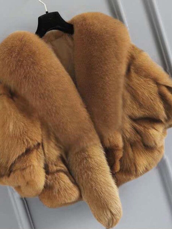 Casaco curto de pele raposa feminino, casaco grosso, decote em v, manga 3/4, monocromático, solto, high-end, xale de pele, moda, outono e inverno