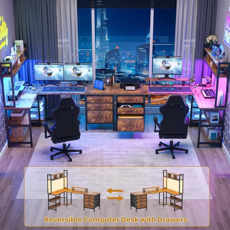 L-образный с высоким отверстием, игровой стол со светодиодной подсветкой, двусторонний компьютерный стол с розеткой, угловой стол
