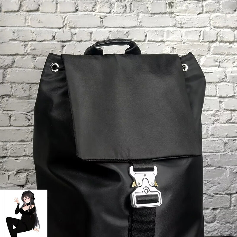 1017 ALYX 9SM Silver Buckle Flap Cover Drawstring Black Backpack Men Women High Quality Four Seasons Couple Knapsack Handbag y2k
