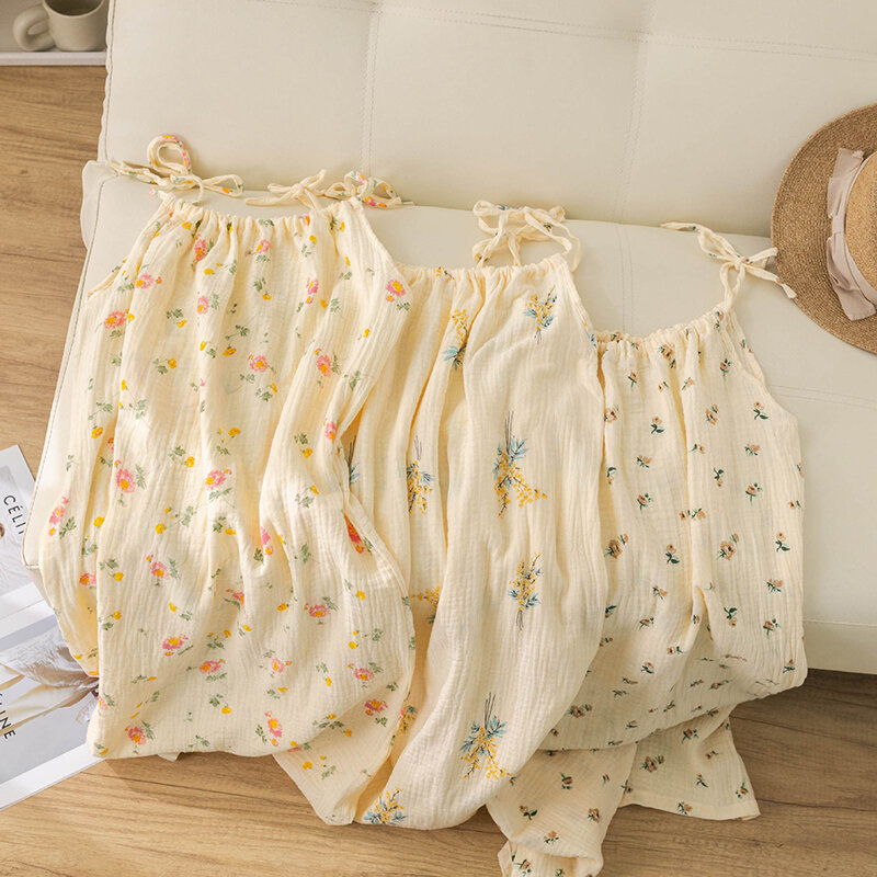 여성용 스위트 플로럴 슬링 잠옷, 얇은 홈 의류, 느슨한 캐주얼 O-넥 풀오버, 프린트 잠옷, 한국 신상 여름