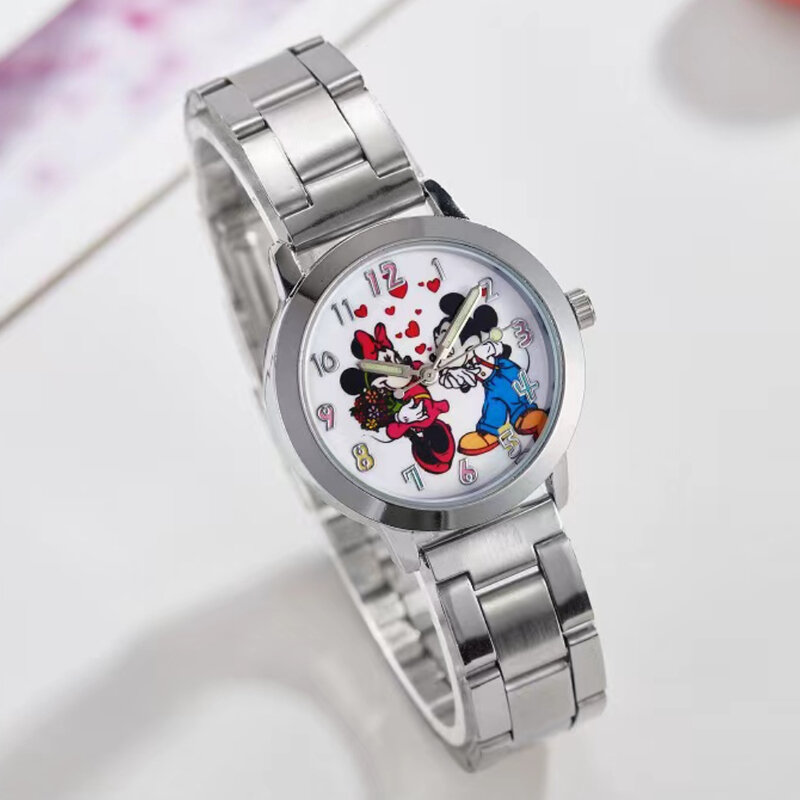 ディズニー-子供のためのミッキーとミニーの漫画クォーツ時計、ティーンエイジャーと大人のための腕時計、女の子と男の子のためのクラシックな時計、カラフルな番号、女性