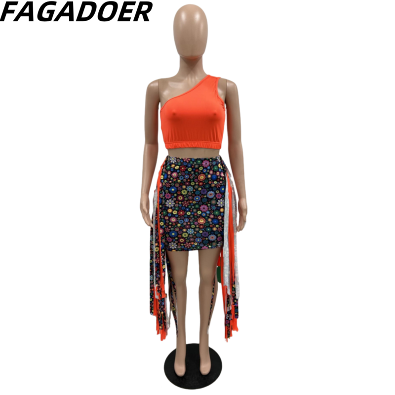 FAGADOER rok Mini rumbai motif, pakaian wanita SATU bahu tanpa lengan, atasan Crop + rok musim panas modis